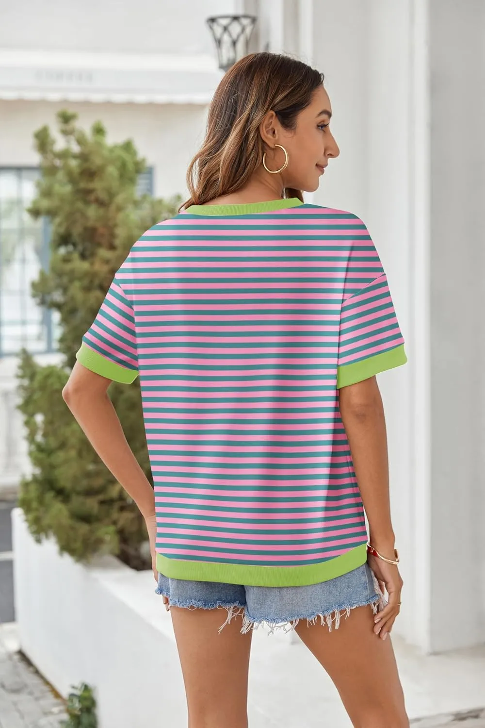 Zeagoo Womens Summer Tops Oversized Crewneck Short Sleeve Striped Shirts Casual Loose Sweatshirt 2025 Basic Tee Blouse