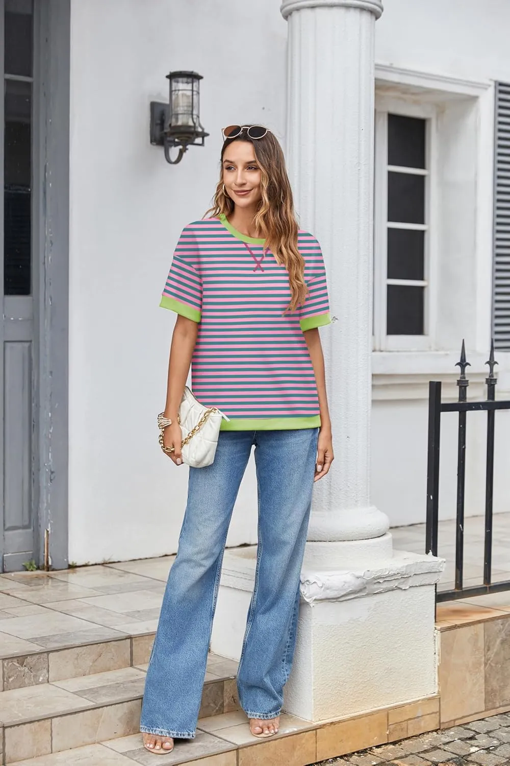 Zeagoo Womens Summer Tops Oversized Crewneck Short Sleeve Striped Shirts Casual Loose Sweatshirt 2025 Basic Tee Blouse