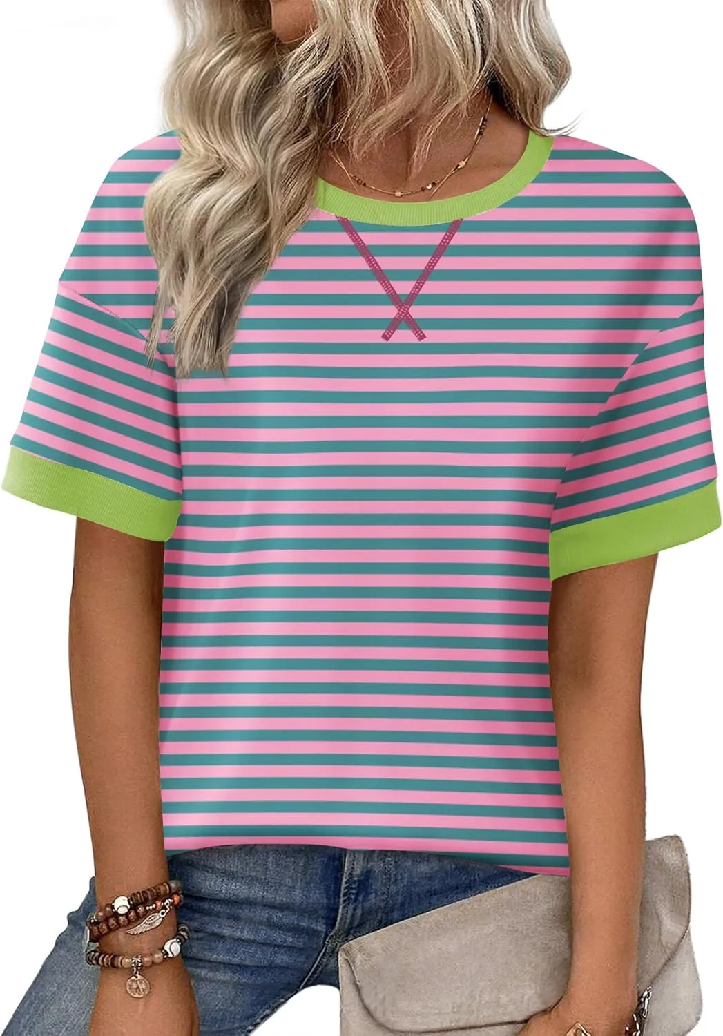 Zeagoo Womens Summer Tops Oversized Crewneck Short Sleeve Striped Shirts Casual Loose Sweatshirt 2025 Basic Tee Blouse
